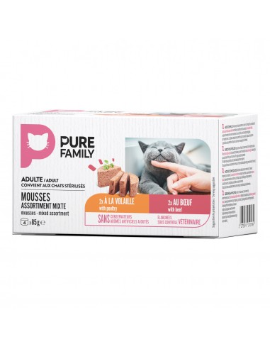 Mousse Chat Assortiment Volaille/Boeuf 4x85g - Pure Family Pure Family Boite et sachet fraîcheur