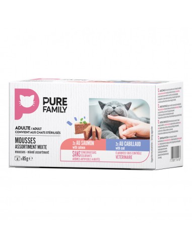 Mousse Chat Assortiment Saumon/Cabillaud 4x85g - Pure Family Pure Family Boite et sachet fraîcheur