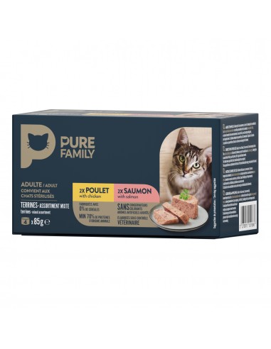 Terrine Chat Assortiment Poulet/Saumon 4x85g - Pure Family Pure Family Boite et sachet fraîcheur