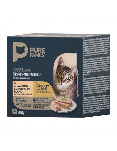 Terrine Chat Assortiment Poulet & Foie/Saumon & Poisson Blanc 4x100g - Pure Family Pure Family Boite et sachet fraîcheur