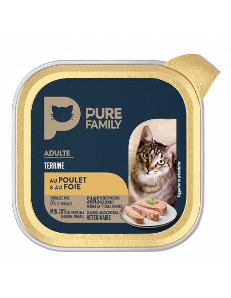 Terrine Chat Assortiment Poulet & Foie/Saumon & Poisson Blanc 4x100g - Pure Family Pure Family Boite et sachet fraîcheur
