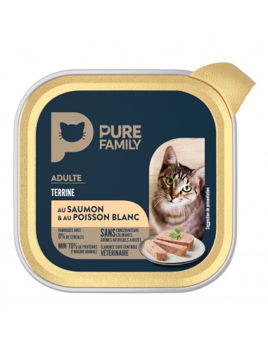 Terrine Chat Assortiment Poulet & Foie/Saumon & Poisson Blanc 4x100g - Pure Family Pure Family Boite et sachet fraîcheur
