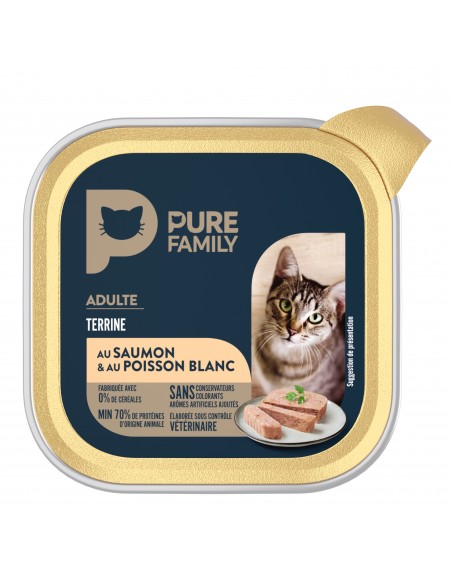 Terrine Chat Assortiment Poulet & Foie/Saumon & Poisson Blanc 4x100g - Pure Family Pure Family Boite et sachet fraîcheur