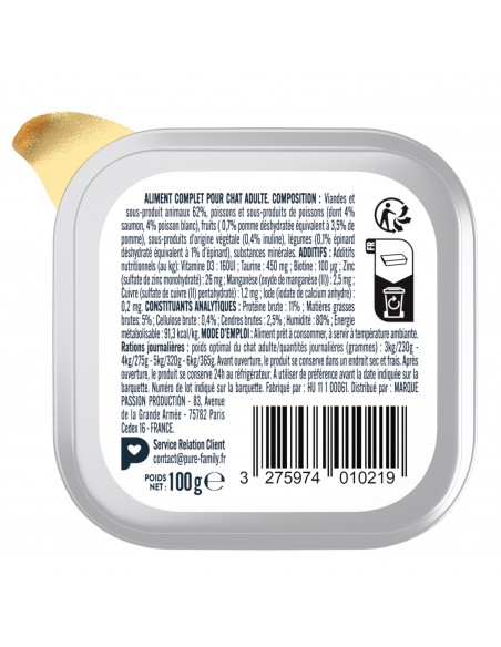Terrine Chat Assortiment Poulet & Foie/Saumon & Poisson Blanc 4x100g - Pure Family Pure Family Boite et sachet fraîcheur