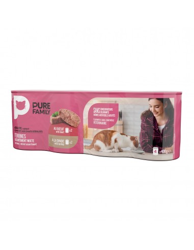 Terrine Chat Assortiment Boeuf/Dinde 4x400g - Pure Family Pure Family Boite et sachet fraîcheur