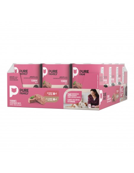 Terrine Chat Assortiment Boeuf/Dinde 12x400g - Pure Family Pure Family Boite et sachet fraîcheur