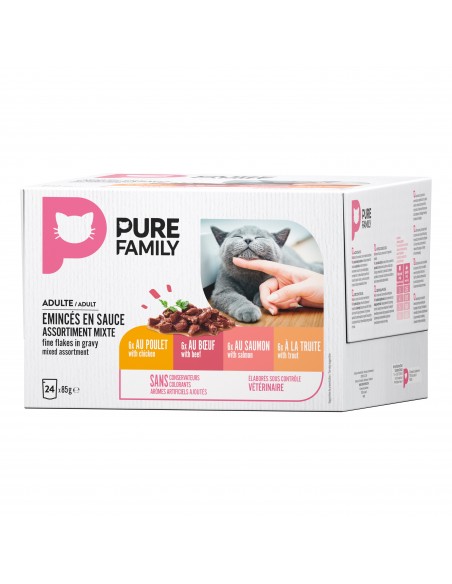 Émincés en sauce Chat Assortiment Mixte Viande/Poisson 24x85g - Pure Family Pure Family Boite et sachet fraîcheur