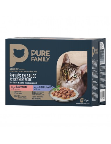 Effilés en sauce Chat Assortiment Mixte Poisson Saumon/Cabillaud 12x85g - Pure Family Pure Family Boite et sachet fraîcheur