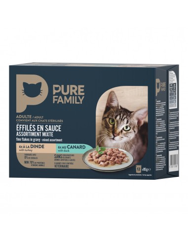 Effilés en sauce Chat Assortiment Mixte Viande Dinde/Canard 12x85g - Pure Family Pure Family Boite et sachet fraîcheur