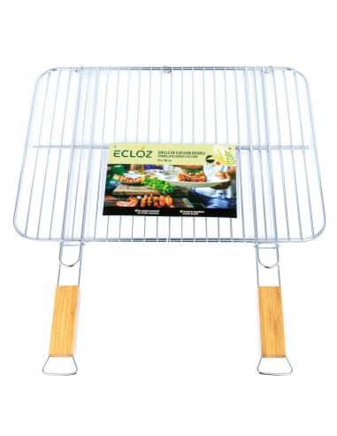 Grille Double pour Barbecue 51 x 38 cm avec Manche en Bambou - ECLOZ ECLOZ Accessoires barbecue et plancha