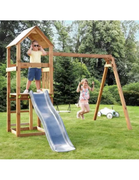 Aire de jeux en bois Nouméa avec balançoire et toboggan – SOULET Soulet Agrès, portique et accessoire